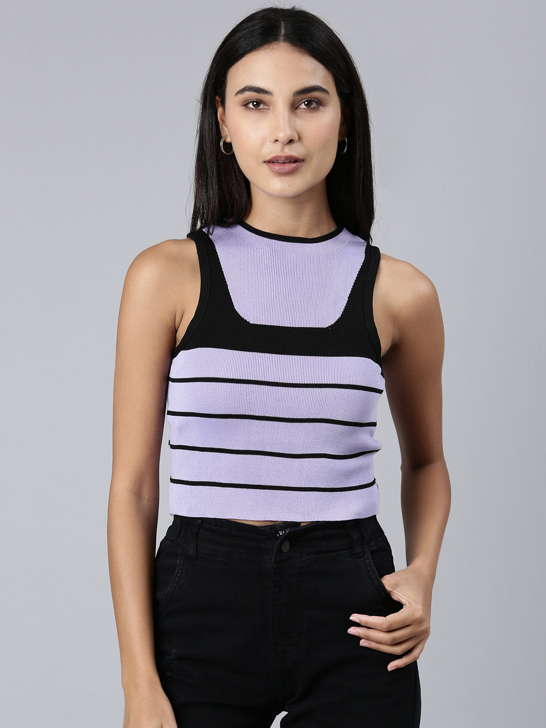Women's Lavender Striped Sleeveless Crop Top