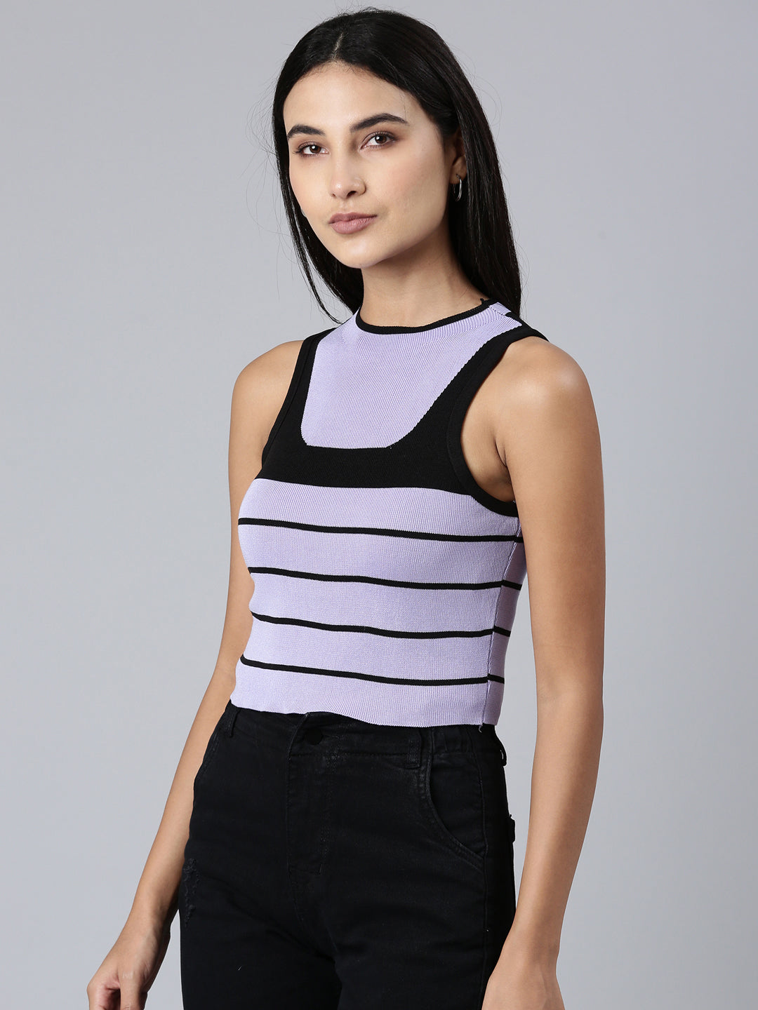 Women's Lavender Striped Sleeveless Crop Top