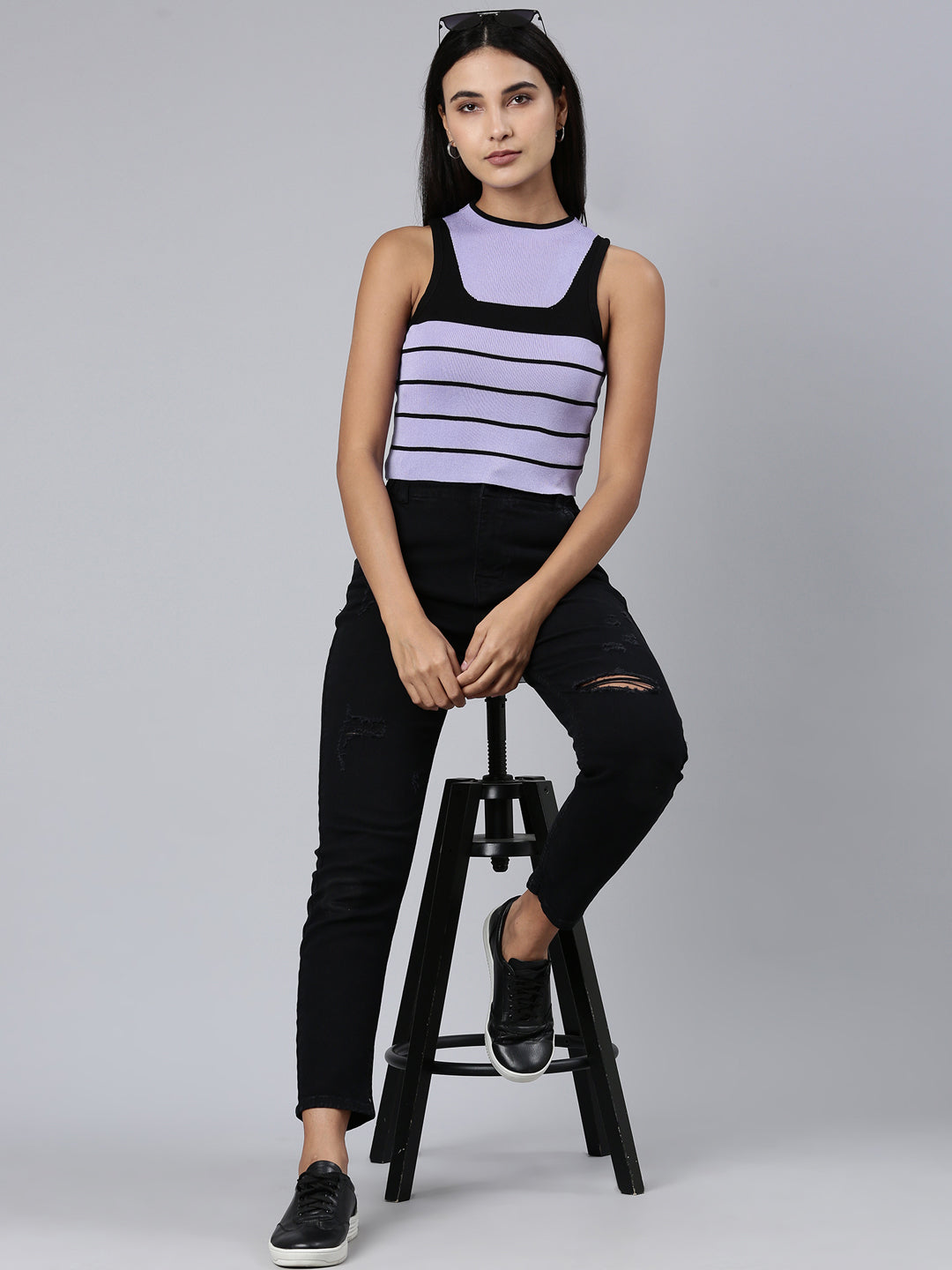 Women's Lavender Striped Sleeveless Crop Top