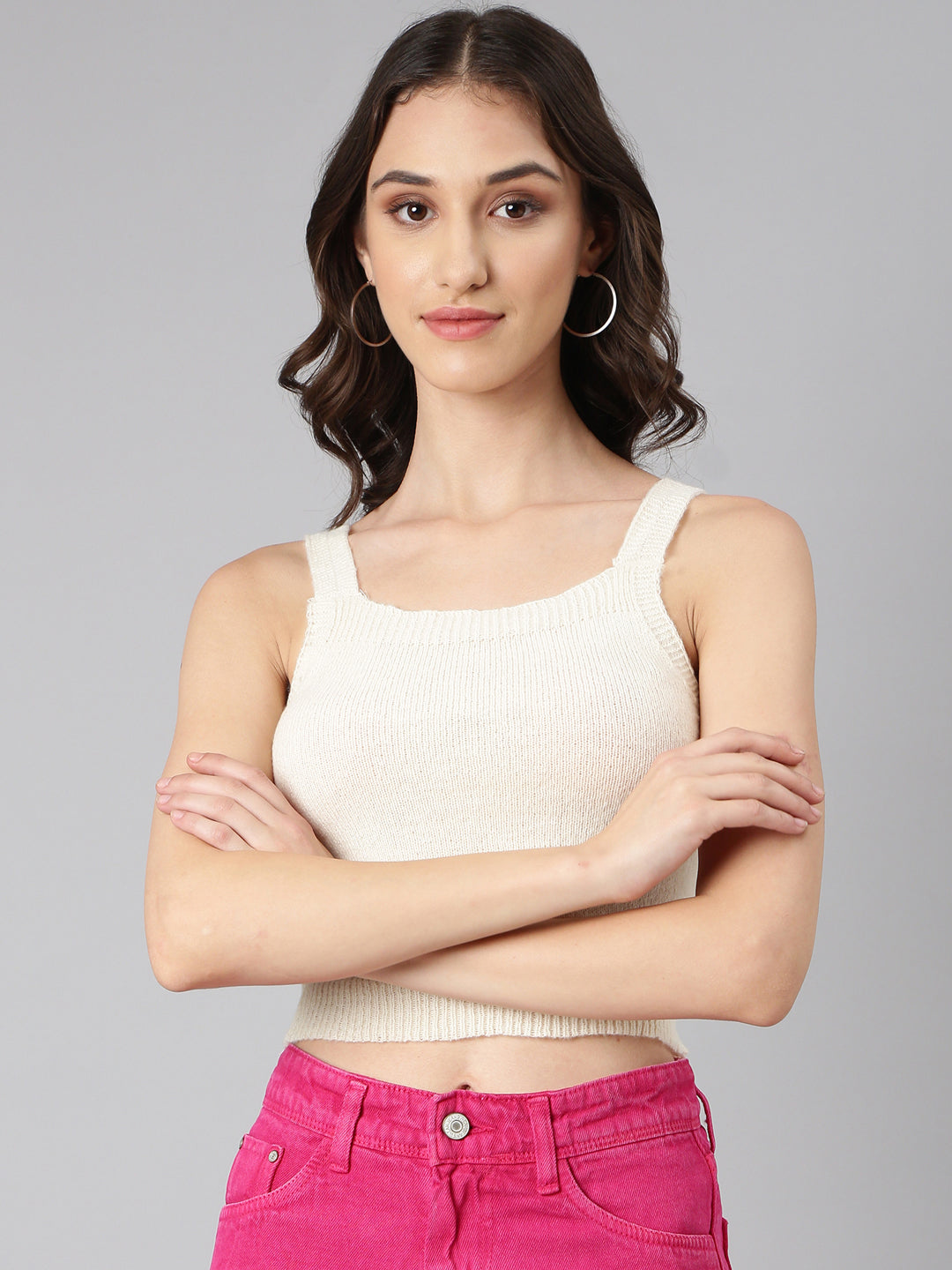 Women's Cream Shoulder Straps Fitted Crop Top