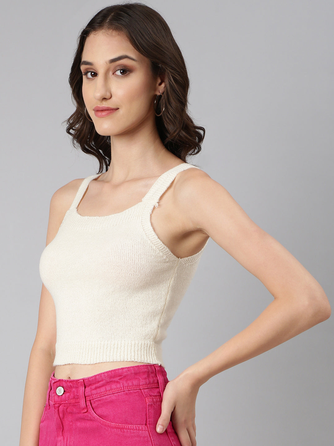 Women's Cream Shoulder Straps Fitted Crop Top