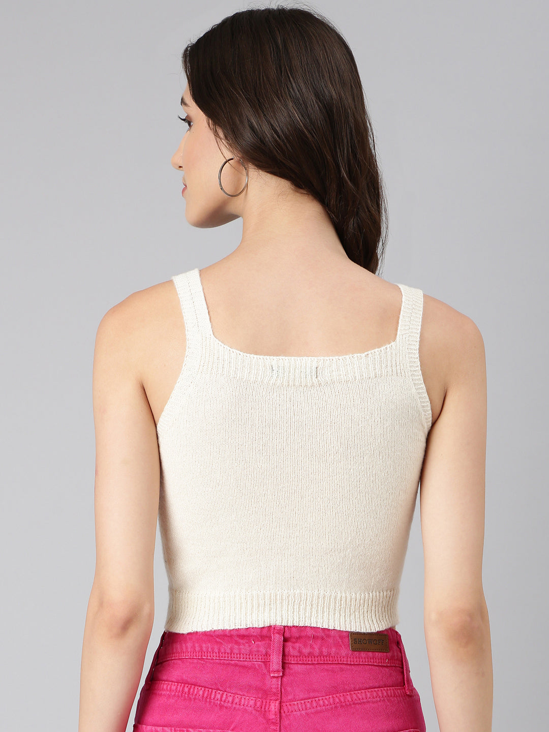 Women's Cream Shoulder Straps Fitted Crop Top