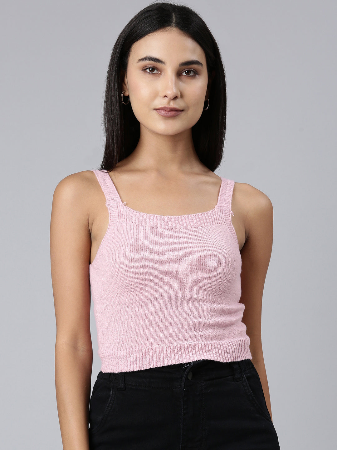 Women's Pink Shoulder Straps Fitted Crop Top