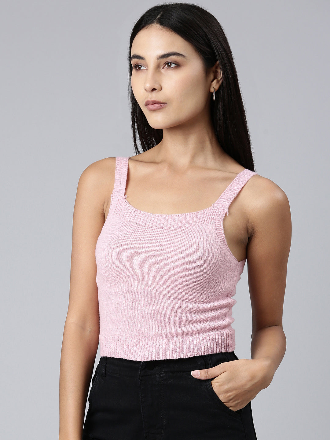 Women's Pink Shoulder Straps Fitted Crop Top