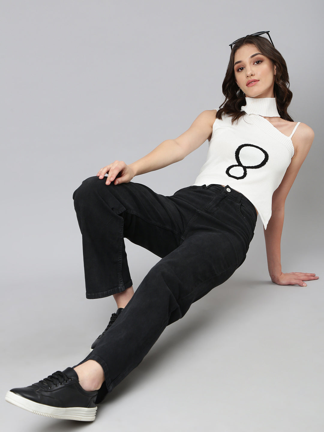 Women's White Self Design Choker Neck Top