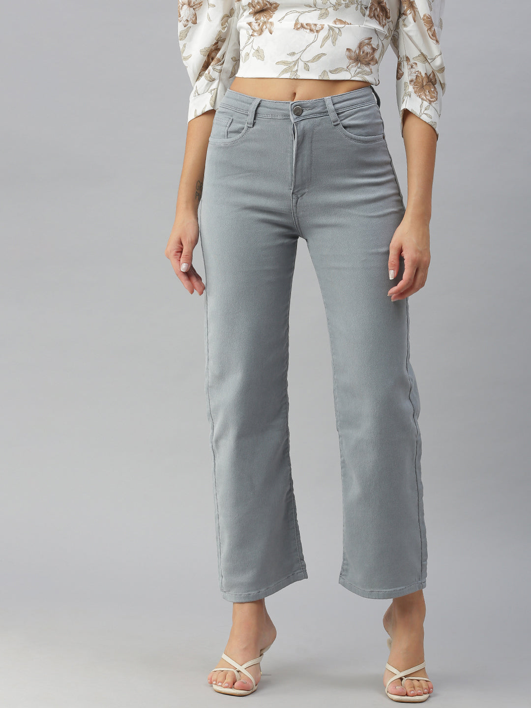 Women's Grey Wide Leg High-Rise Stretchable Jeans