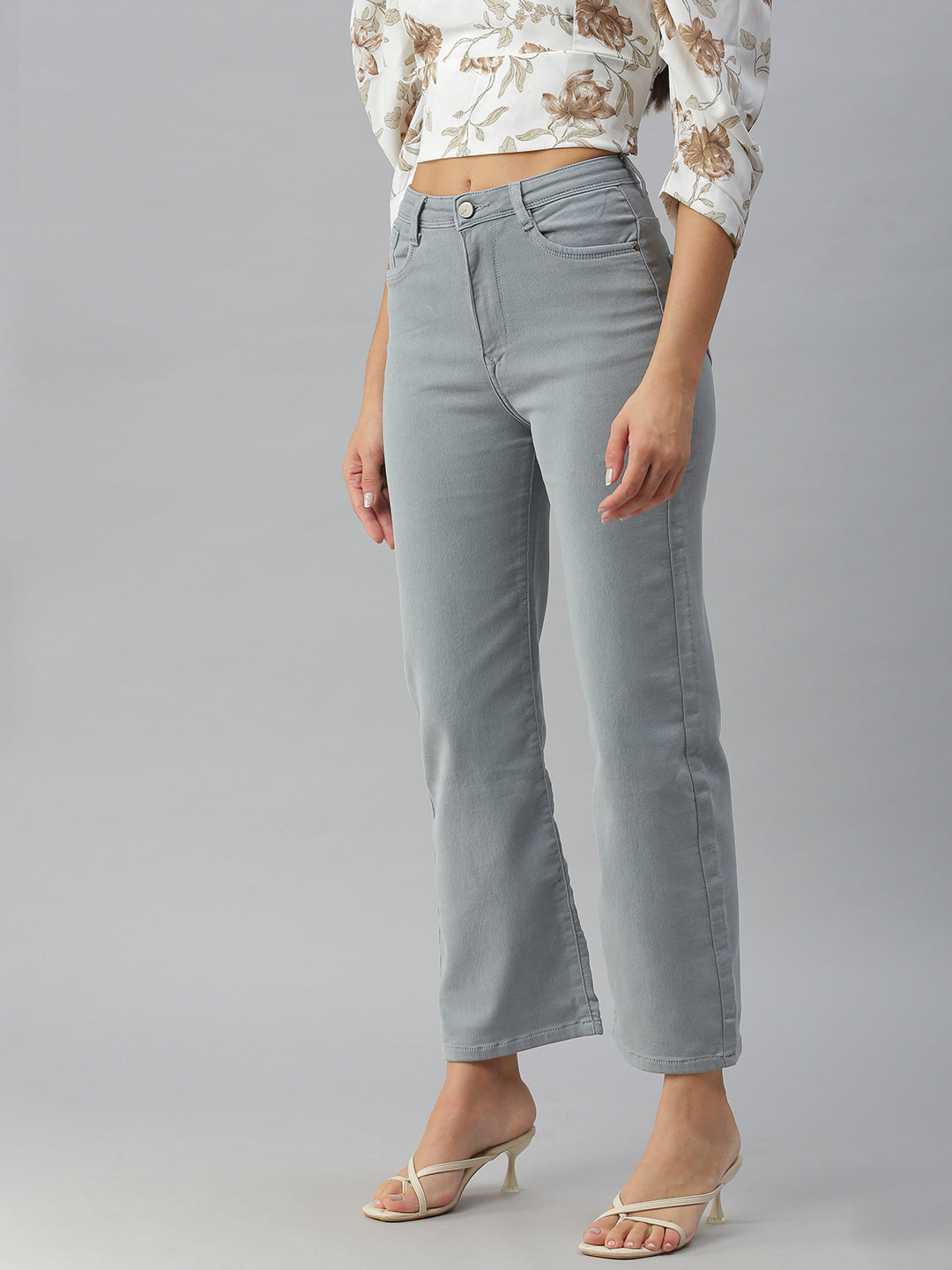Women's Grey Wide Leg High-Rise Stretchable Jeans