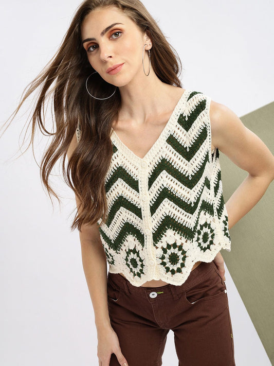 Women's Green Solid Sheer Crop Top