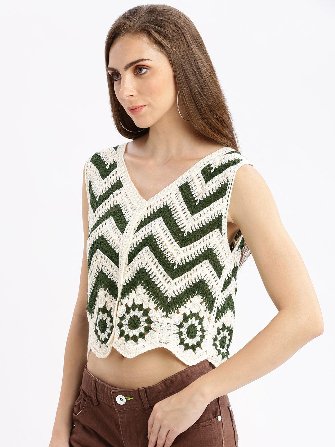 Women's Green Solid Sheer Crop Top