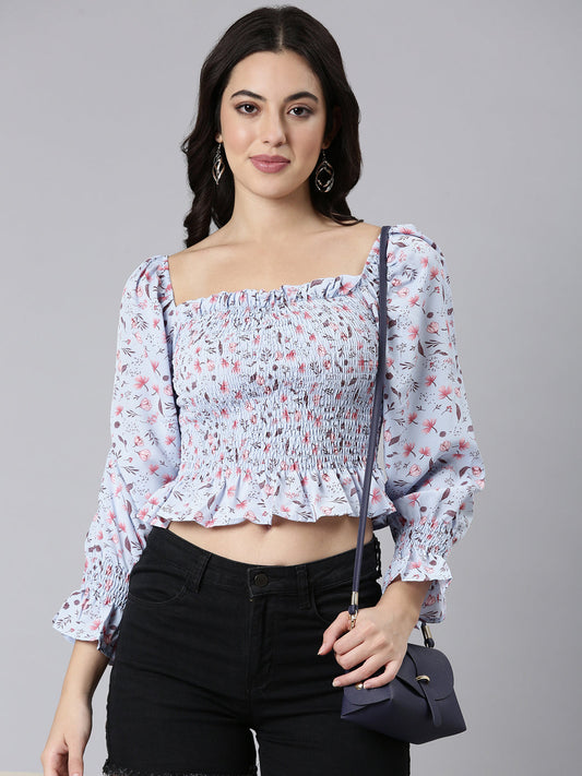 Women's Blue Floral Printed Square Neck Puff Sleeve Smocked Crepe Peplum Crop Top