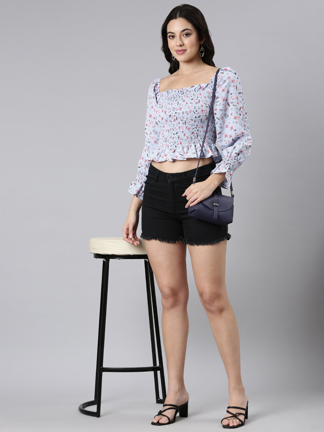 Women's Blue Floral Printed Square Neck Puff Sleeve Smocked Crepe Peplum Crop Top