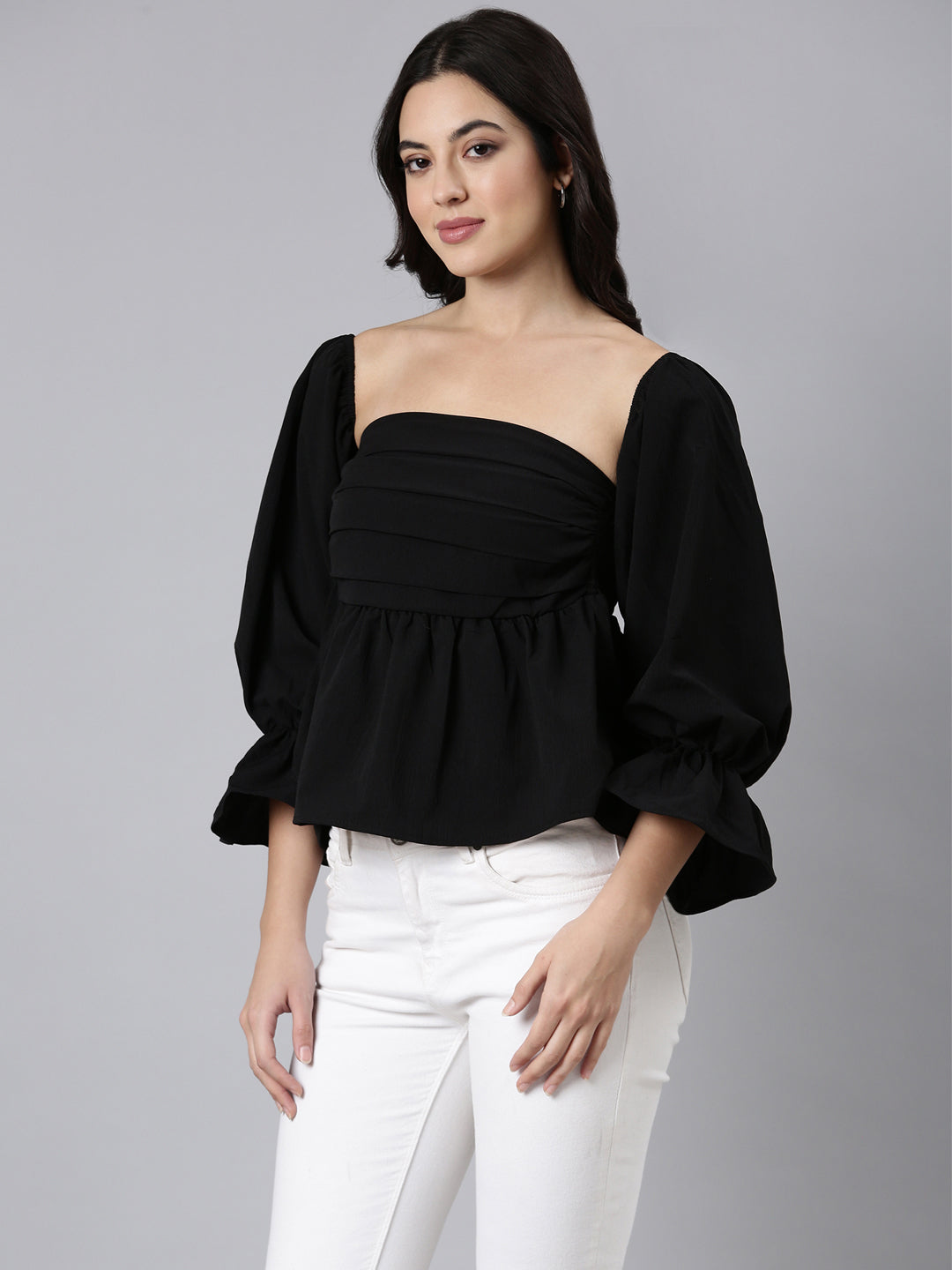 Women's Black Square Neck Bell Sleeves Gathered Detailed Peplum Top