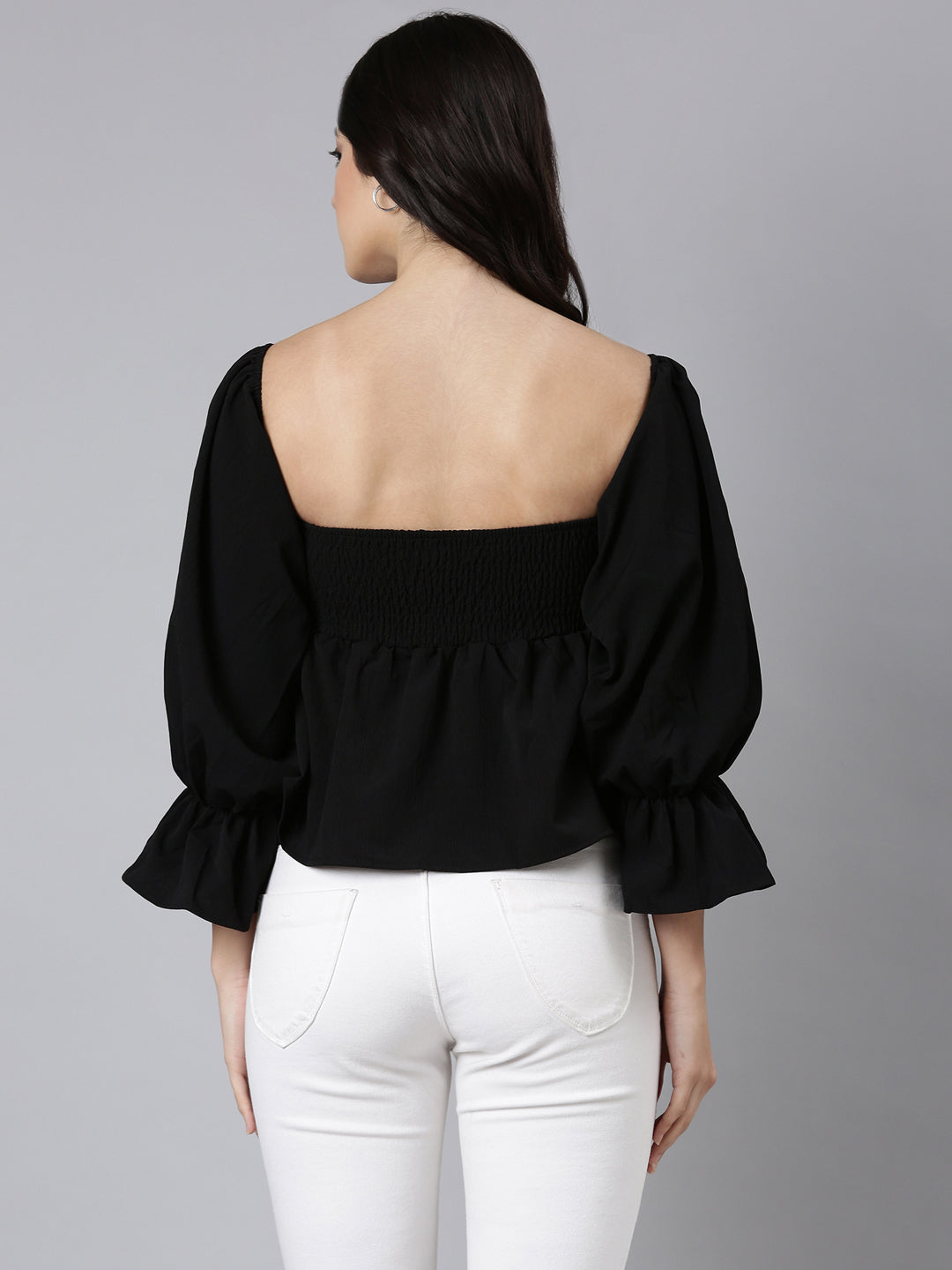 Women's Black Square Neck Bell Sleeves Gathered Detailed Peplum Top