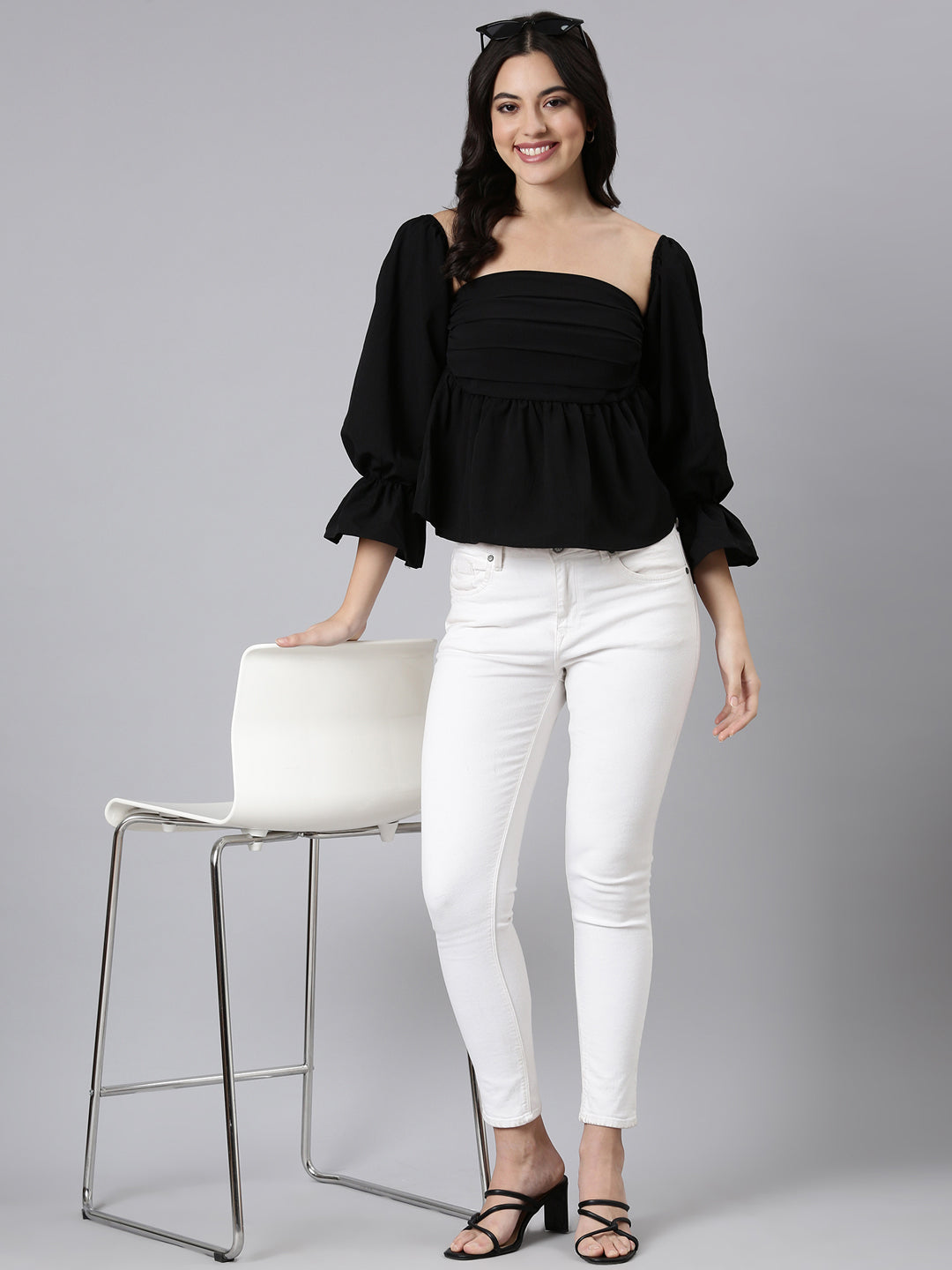 Women's Black Square Neck Bell Sleeves Gathered Detailed Peplum Top