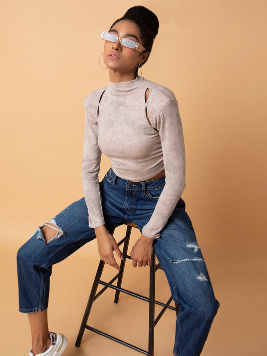 Women's Beige Solid Ruched High Neck Acrylic Top