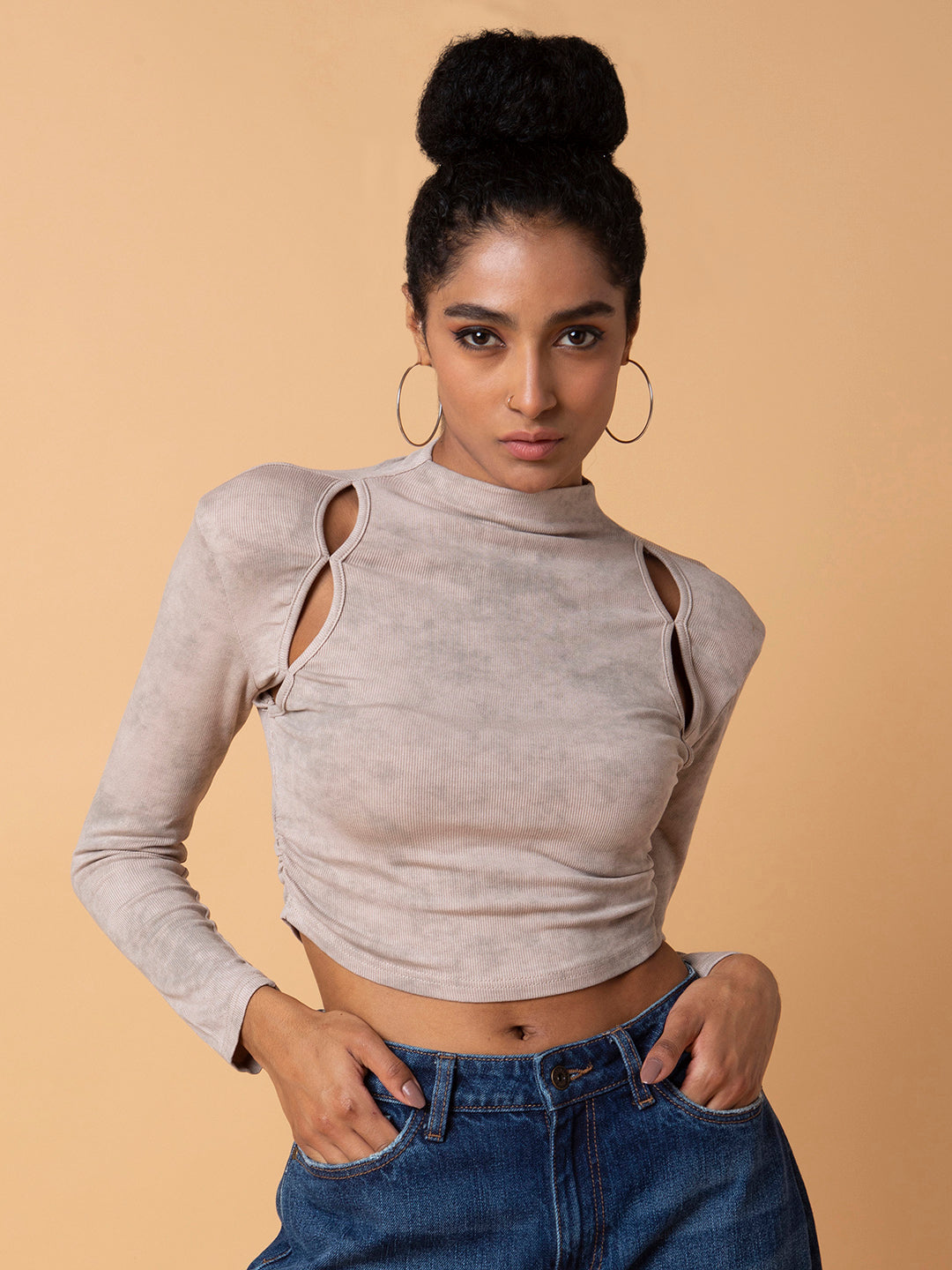 Women's Beige Solid Ruched High Neck Acrylic Top