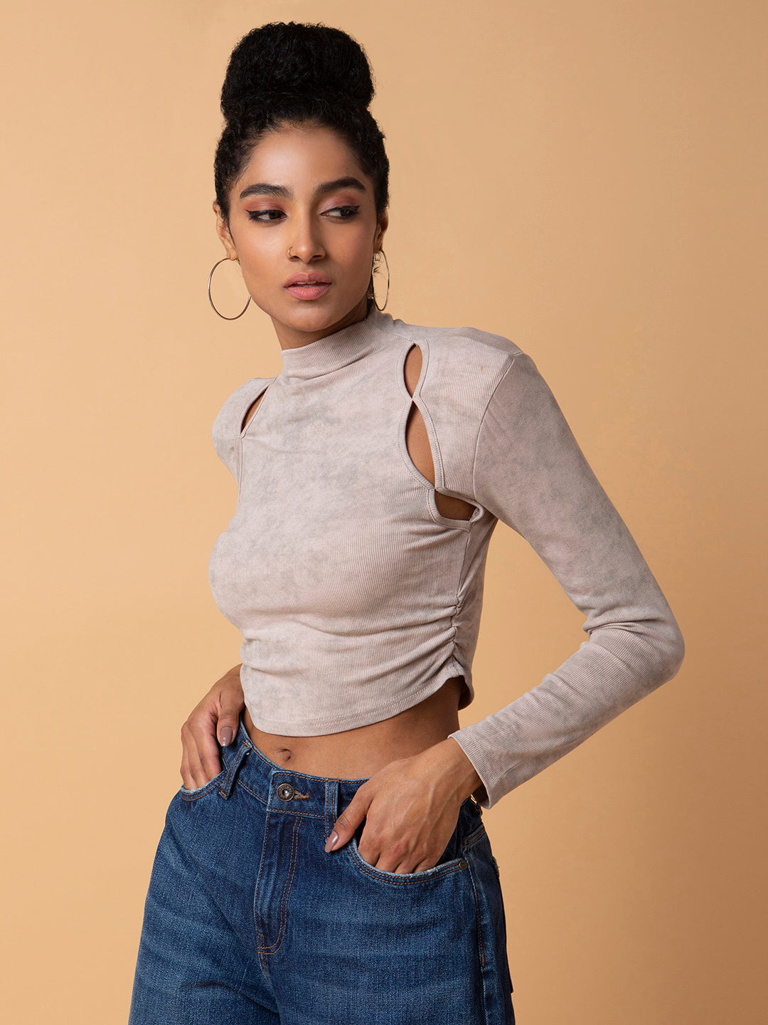 Women's Beige Solid Ruched High Neck Acrylic Top