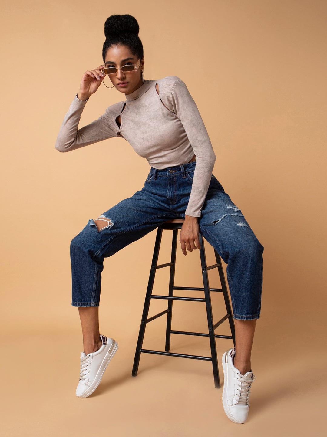 Women's Beige Solid Ruched High Neck Acrylic Top