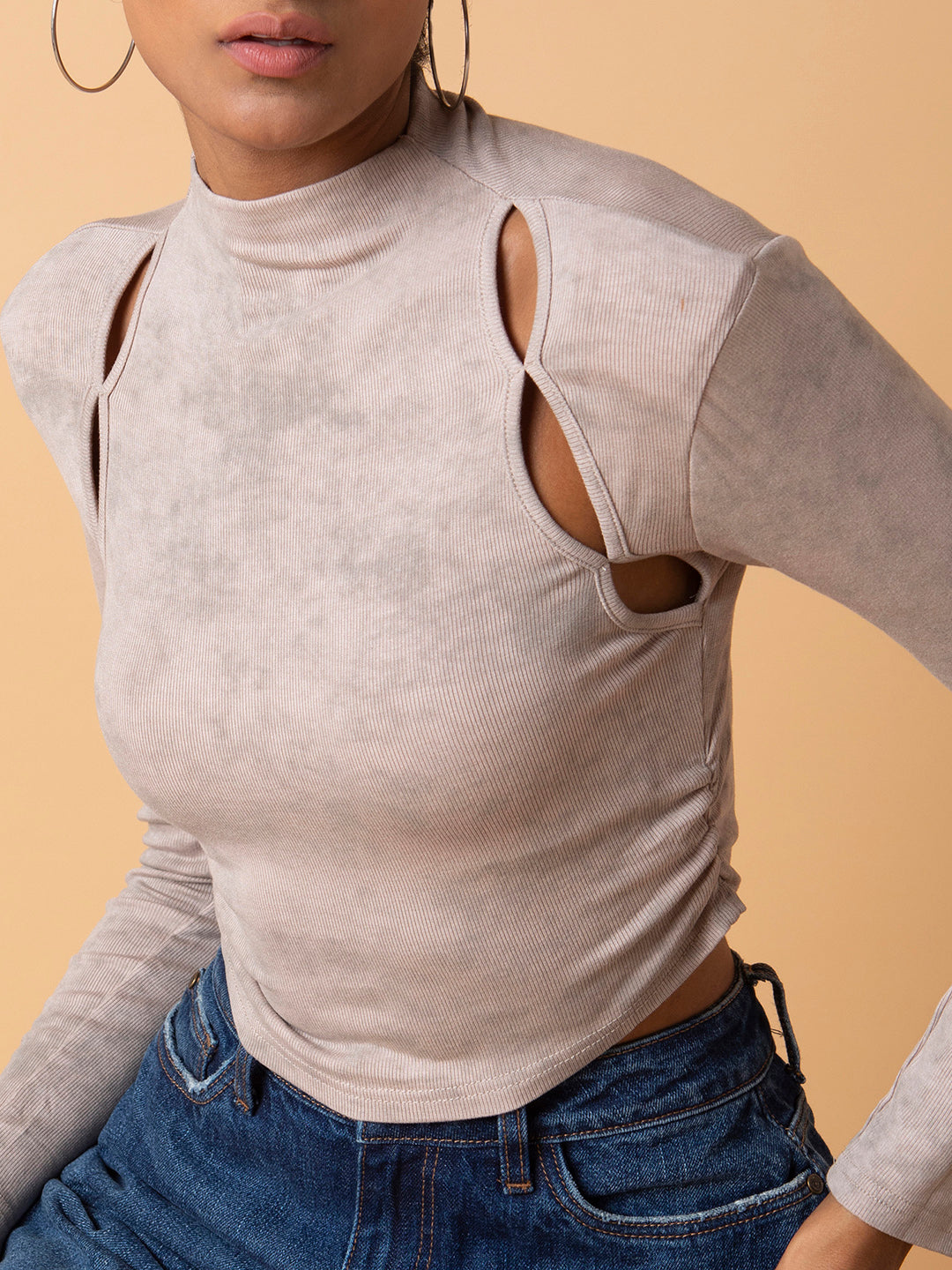 Women's Beige Solid Ruched High Neck Acrylic Top