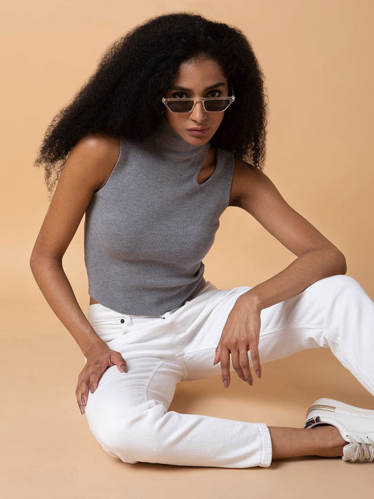 Women's Grey Solid High Neck Acrylic Top