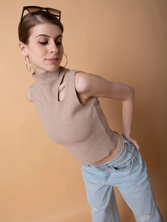 Women's Beige Solid High Neck Acrylic Top