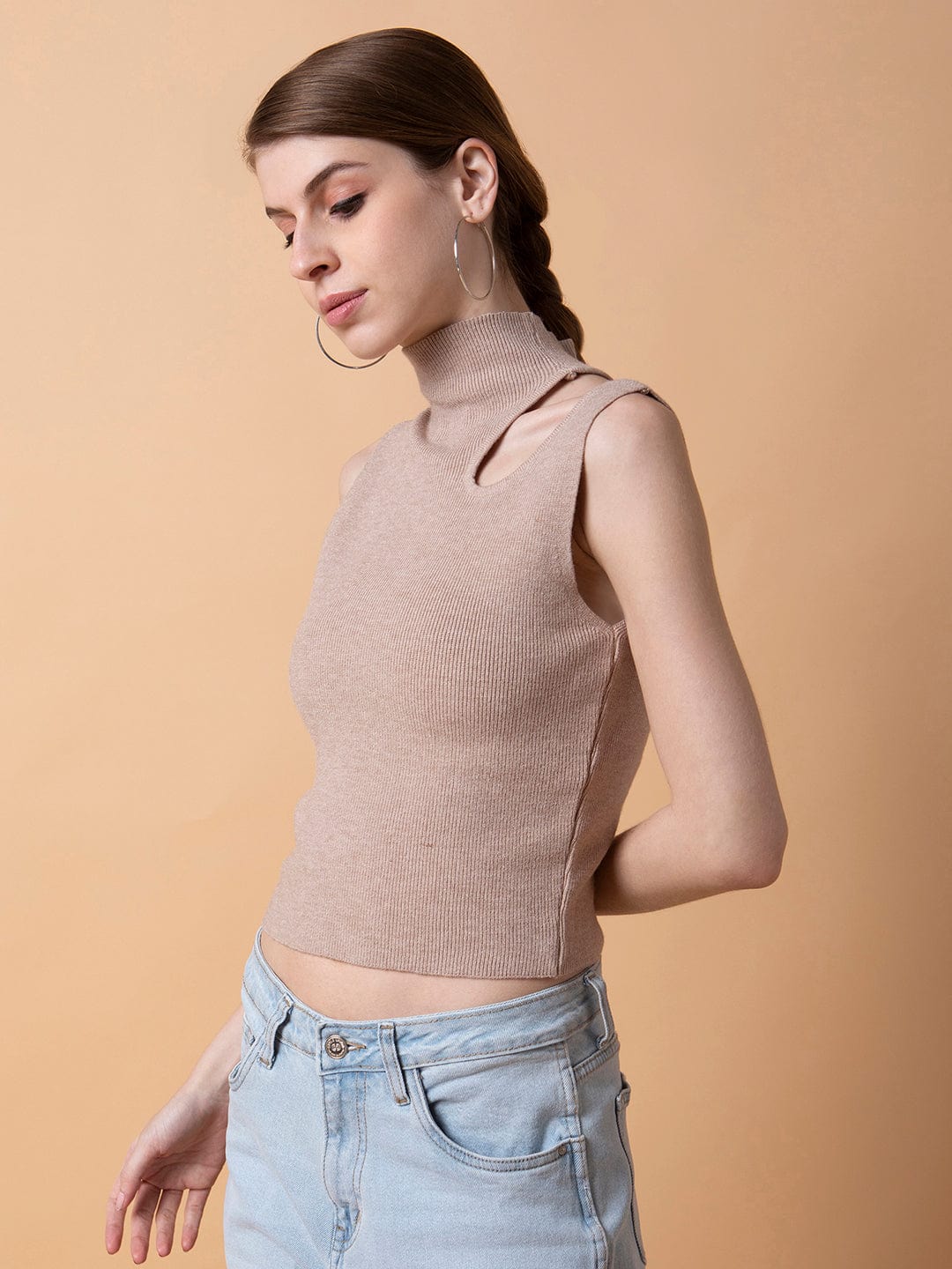 Women's Beige Solid High Neck Acrylic Top