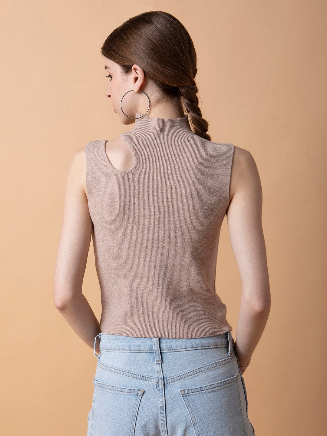 Women's Beige Solid High Neck Acrylic Top