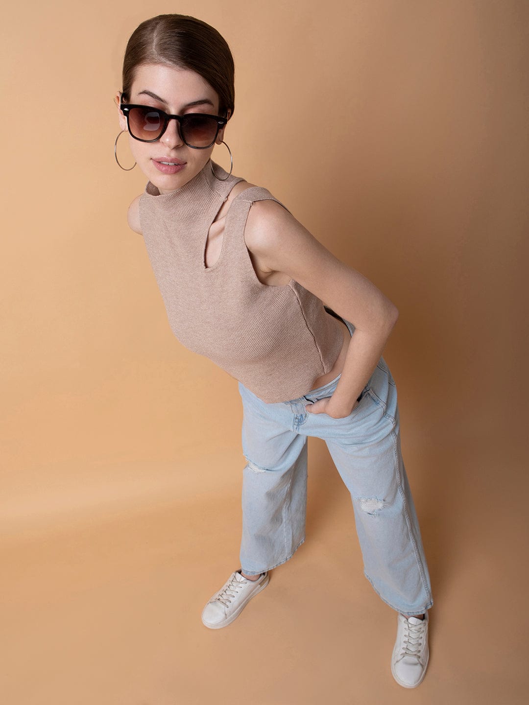 Women's Beige Solid High Neck Acrylic Top