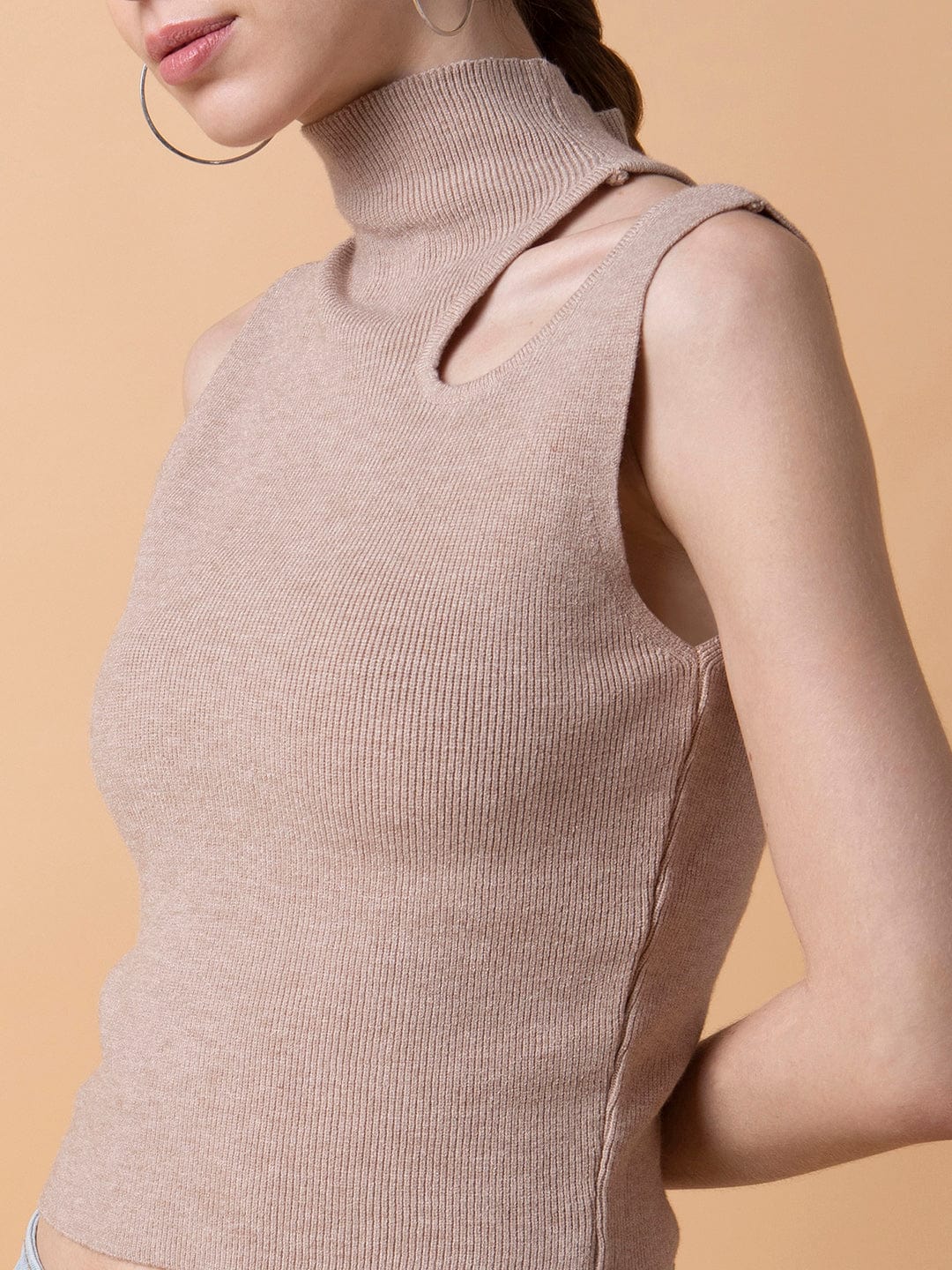 Women's Beige Solid High Neck Acrylic Top