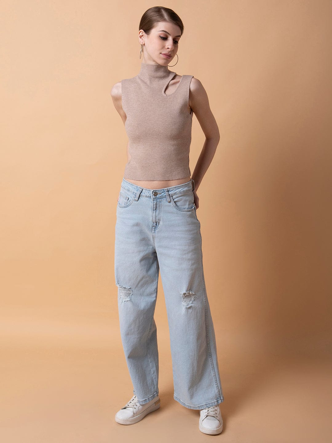 Women's Beige Solid High Neck Acrylic Top
