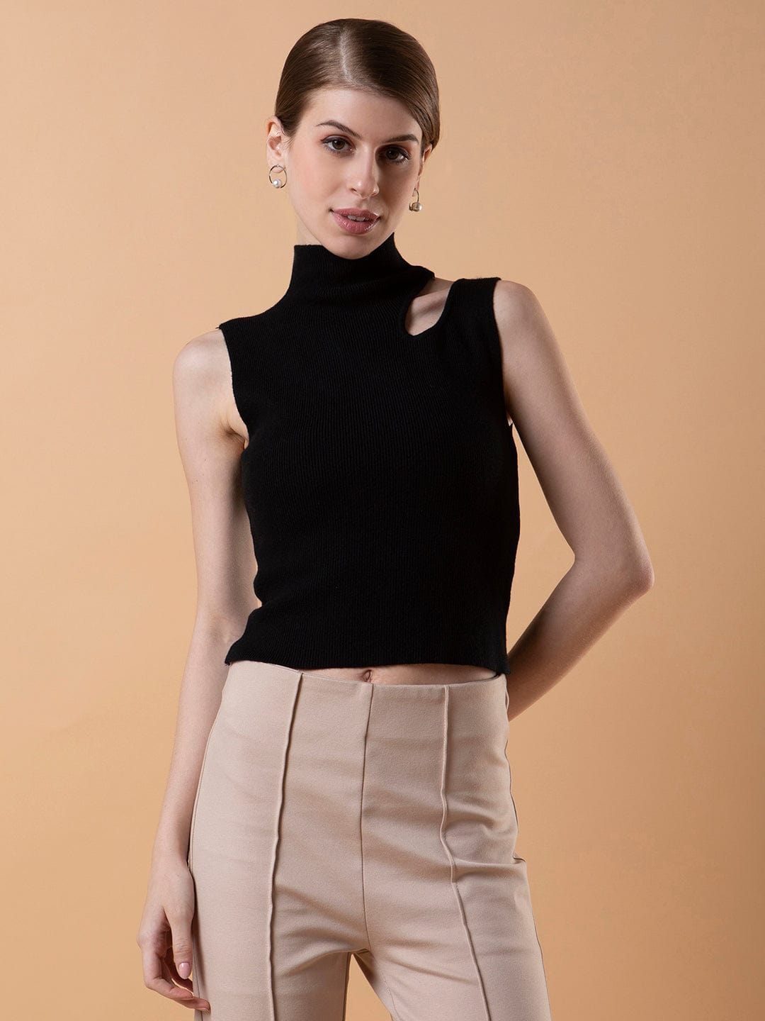 Women's Black Solid High Neck Acrylic Top
