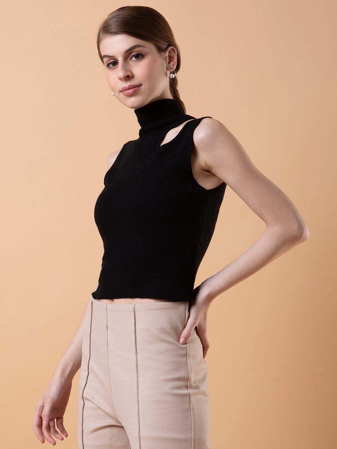 Women's Black Solid High Neck Acrylic Top