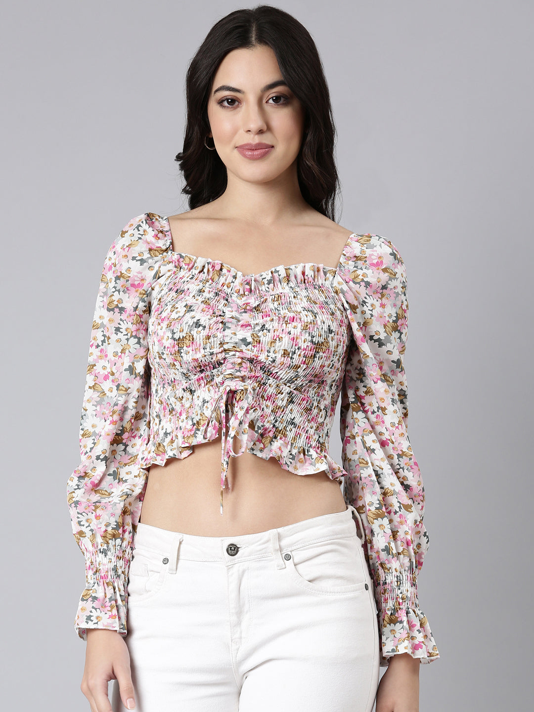 Women's Pink Floral Printed Smocking Crepe Crop Top