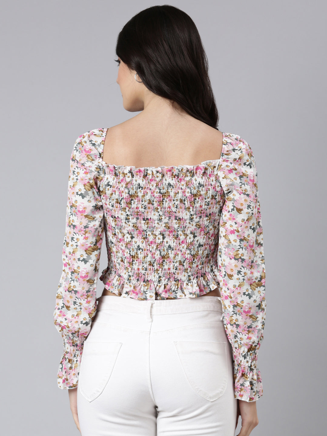 Women's Pink Floral Printed Smocking Crepe Crop Top