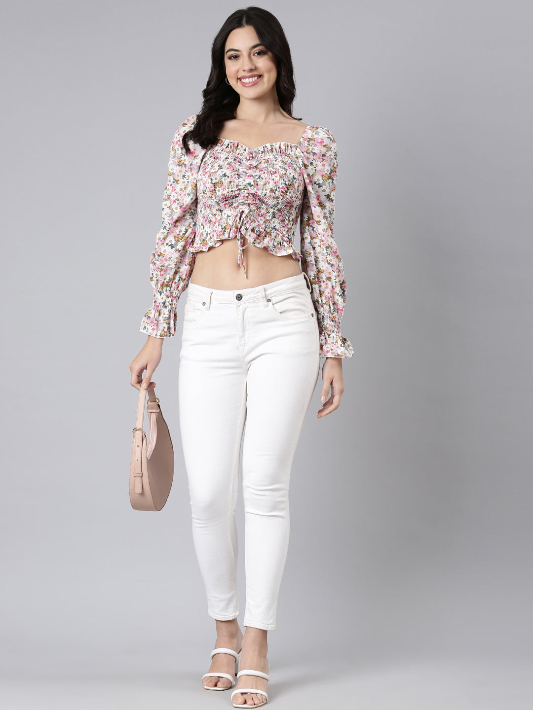Women's Pink Floral Printed Smocking Crepe Crop Top