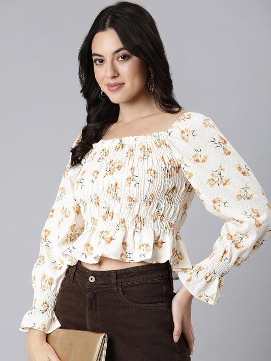 Women's Mustard Floral Printed Square Neck Puff Sleeves Fitted Crop Top
