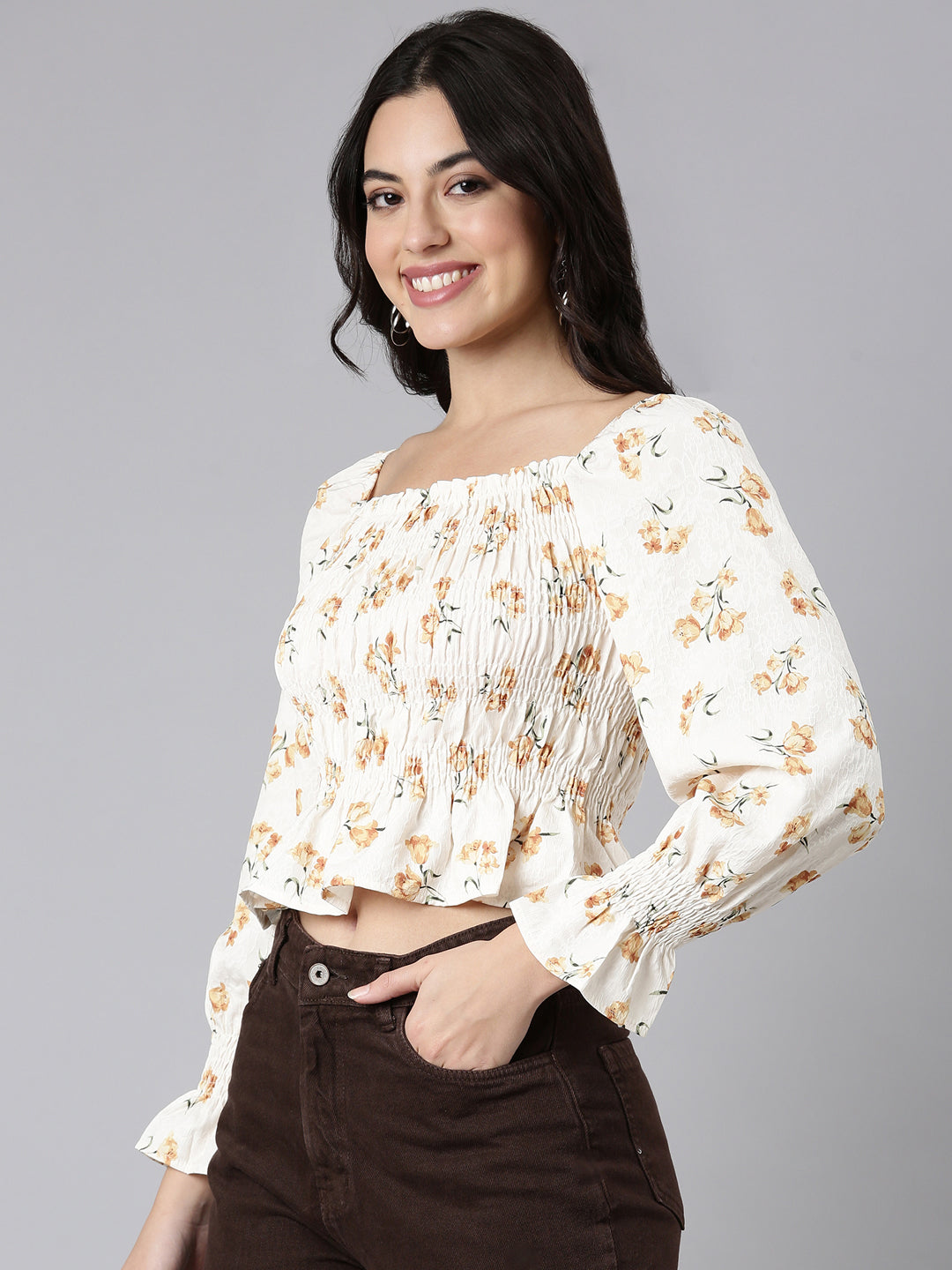 Women's Mustard Floral Printed Square Neck Puff Sleeves Fitted Crop Top