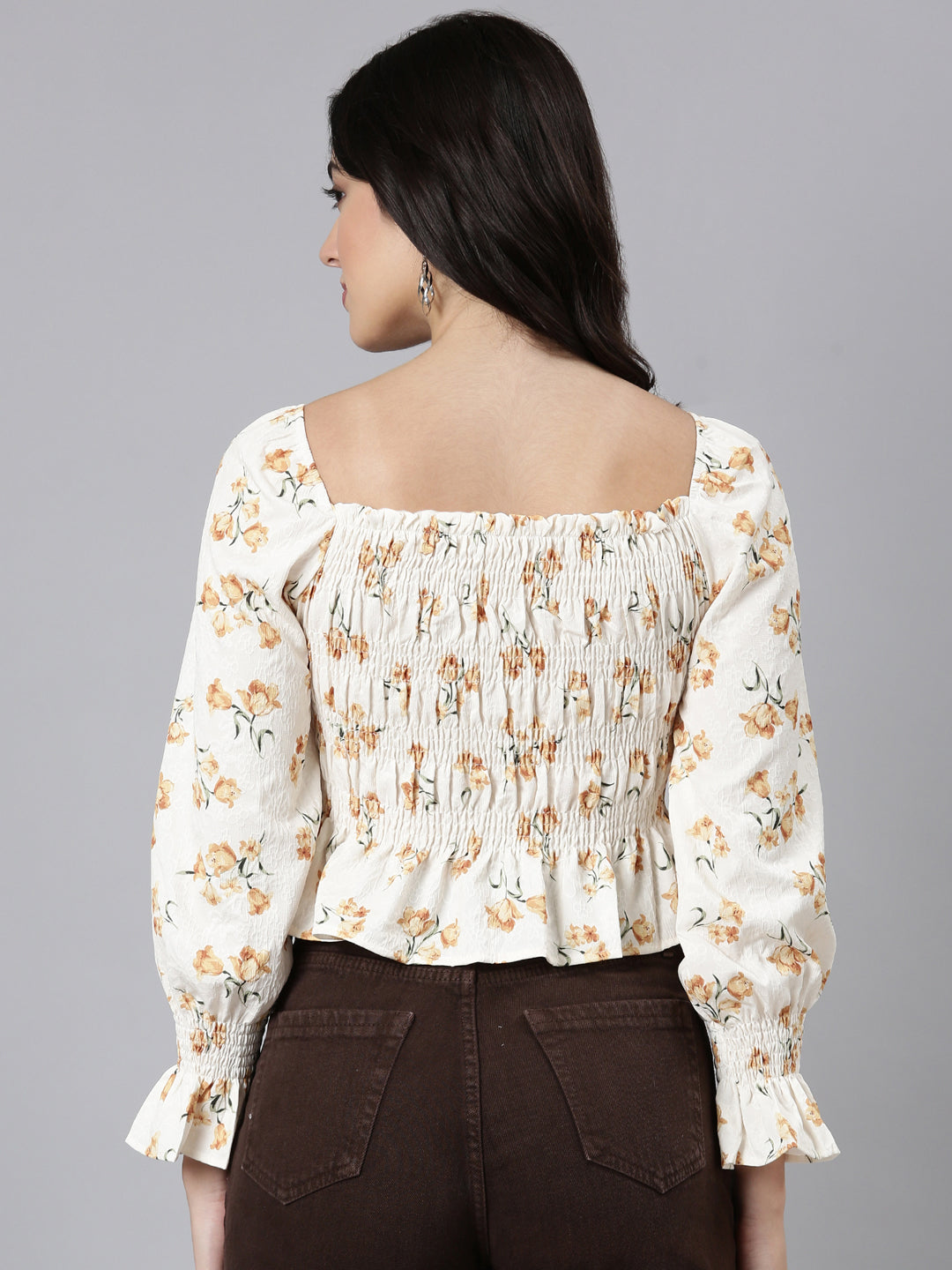 Women's Mustard Floral Printed Square Neck Puff Sleeves Fitted Crop Top