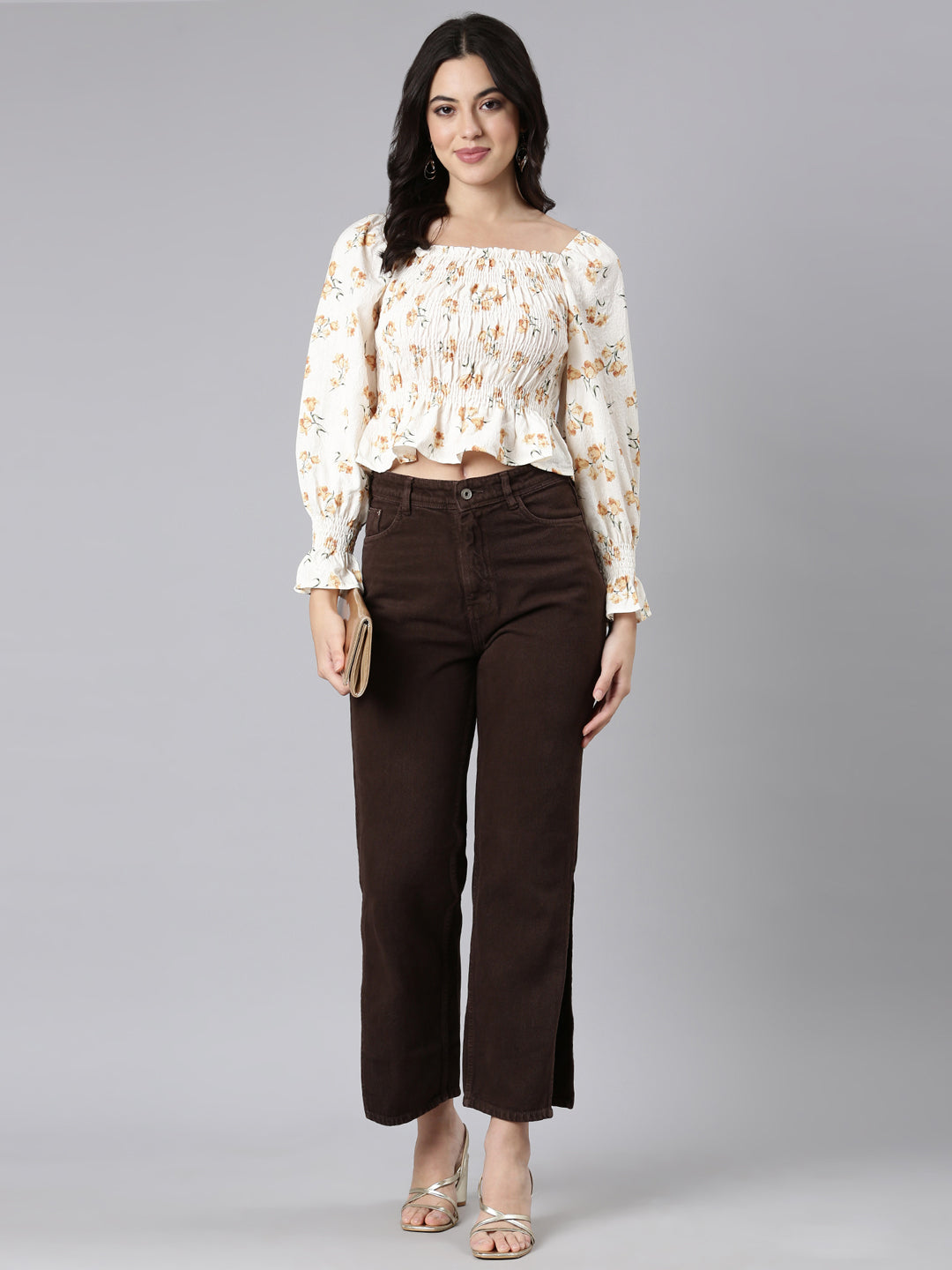 Women's Mustard Floral Printed Square Neck Puff Sleeves Fitted Crop Top