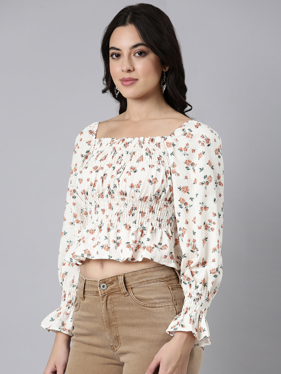 Women's Brown Floral Printed Square Neck Puff Sleeves Crop Fitted Top