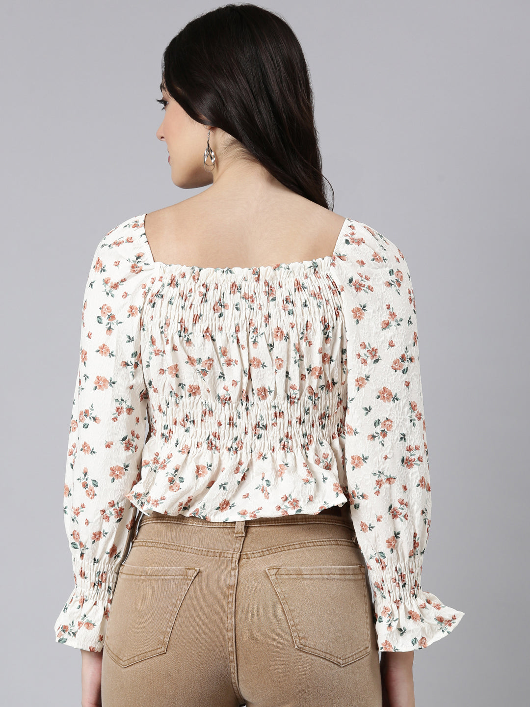 Women's Brown Floral Printed Square Neck Puff Sleeves Crop Fitted Top