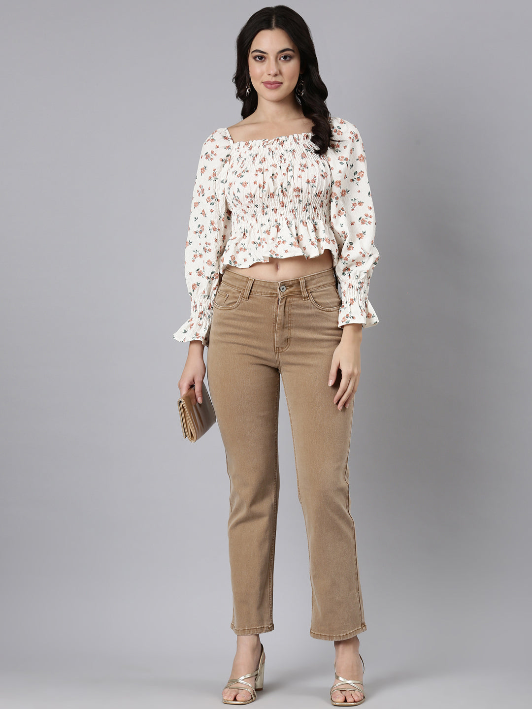 Women's Brown Floral Printed Square Neck Puff Sleeves Crop Fitted Top