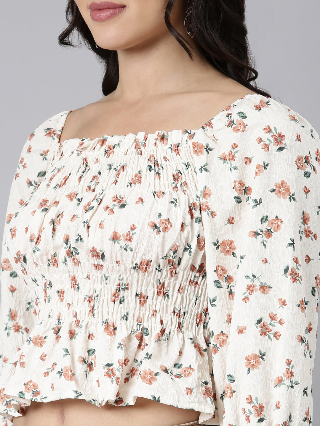 Women's Brown Floral Printed Square Neck Puff Sleeves Crop Fitted Top