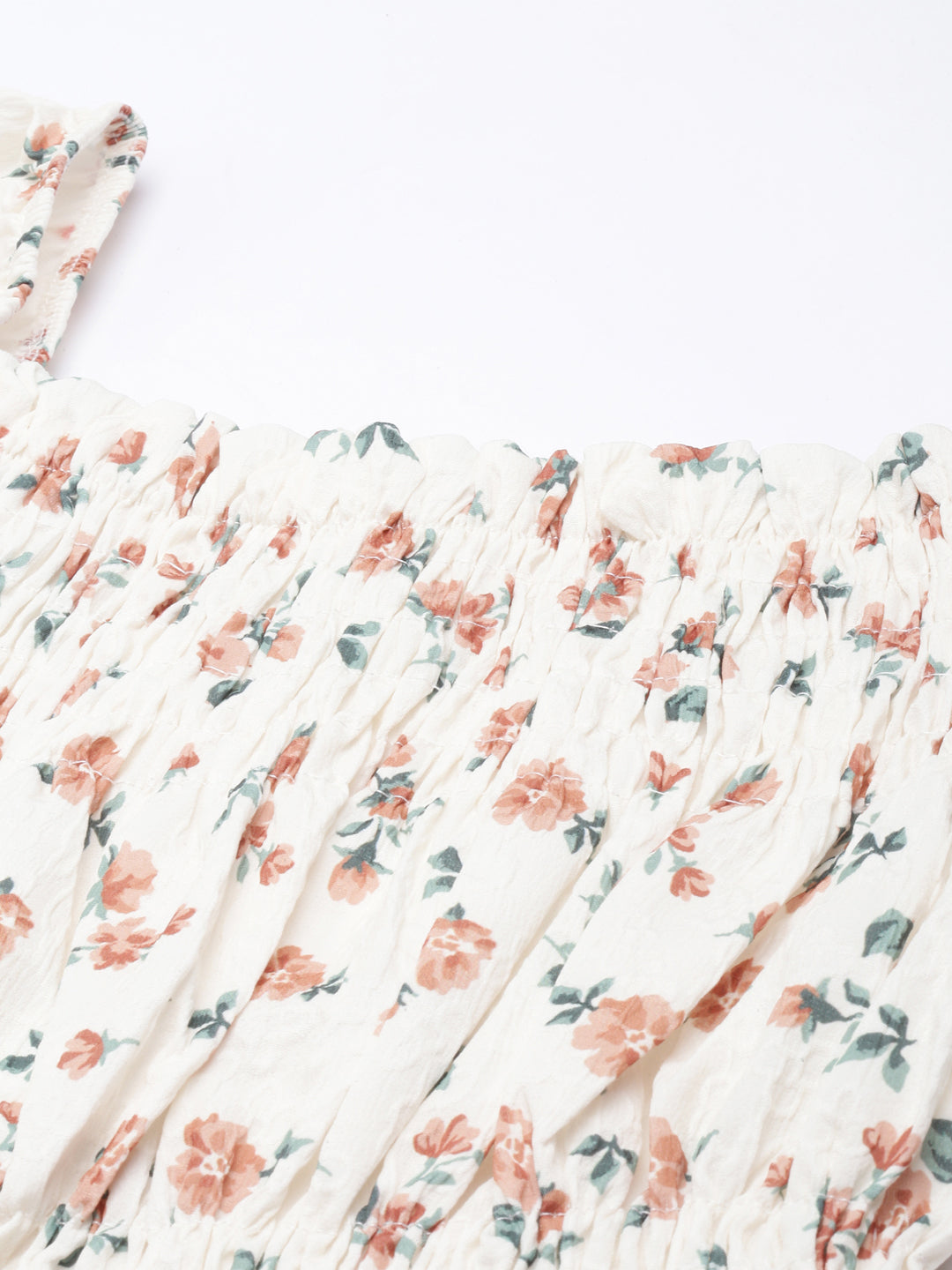 Women's Brown Floral Printed Square Neck Puff Sleeves Crop Fitted Top