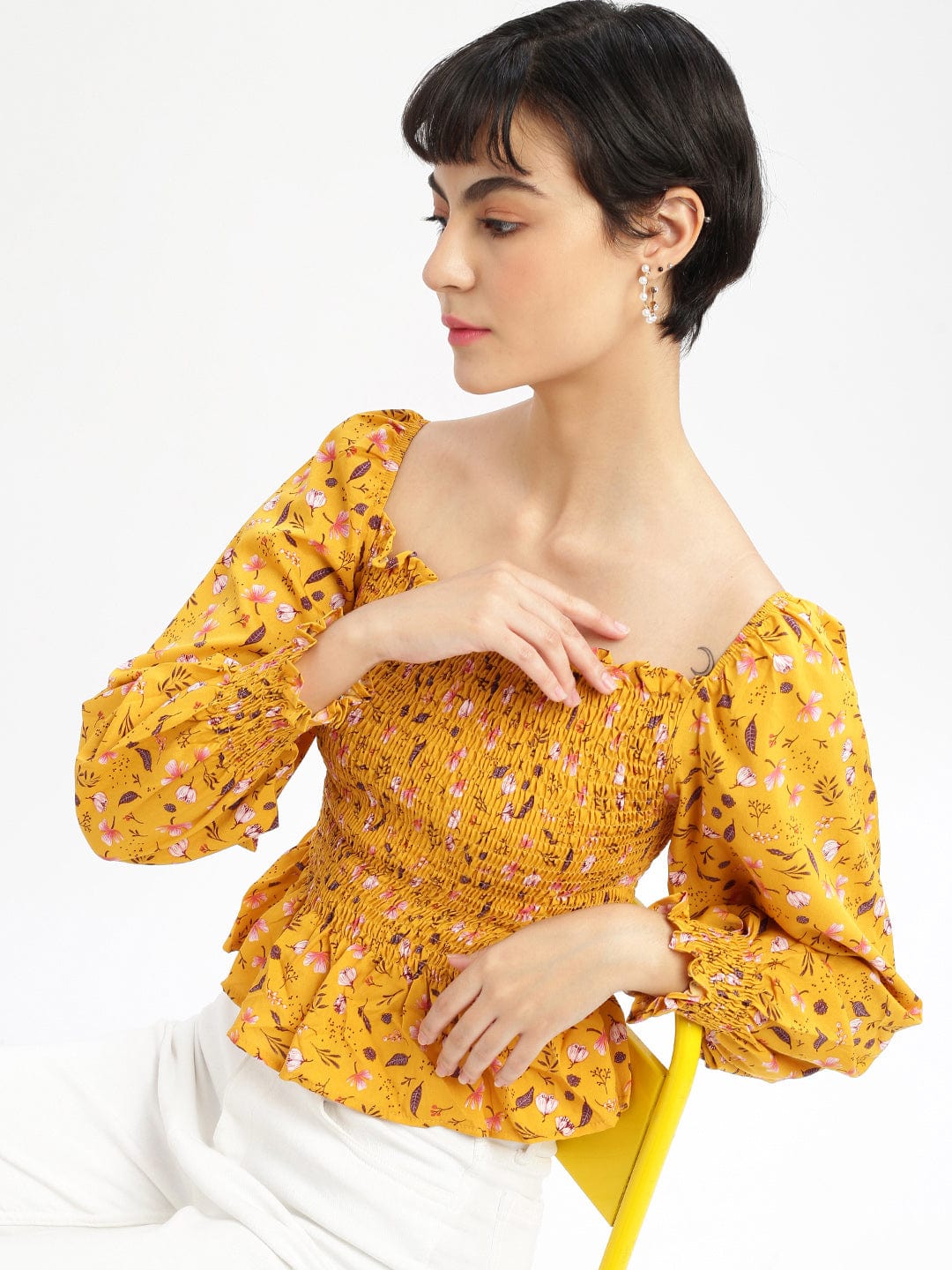 Women's Mustard Floral Solid Square Neck Synthetic Crepe Top