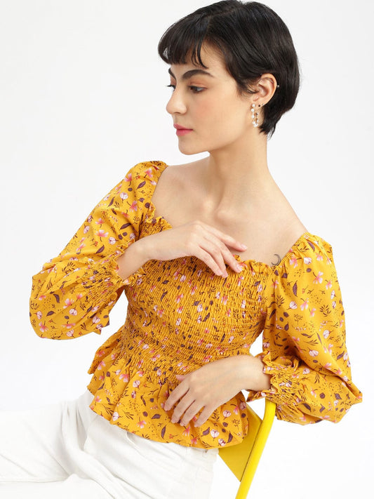Women's Mustard Floral Solid Square Neck Synthetic Crepe Top