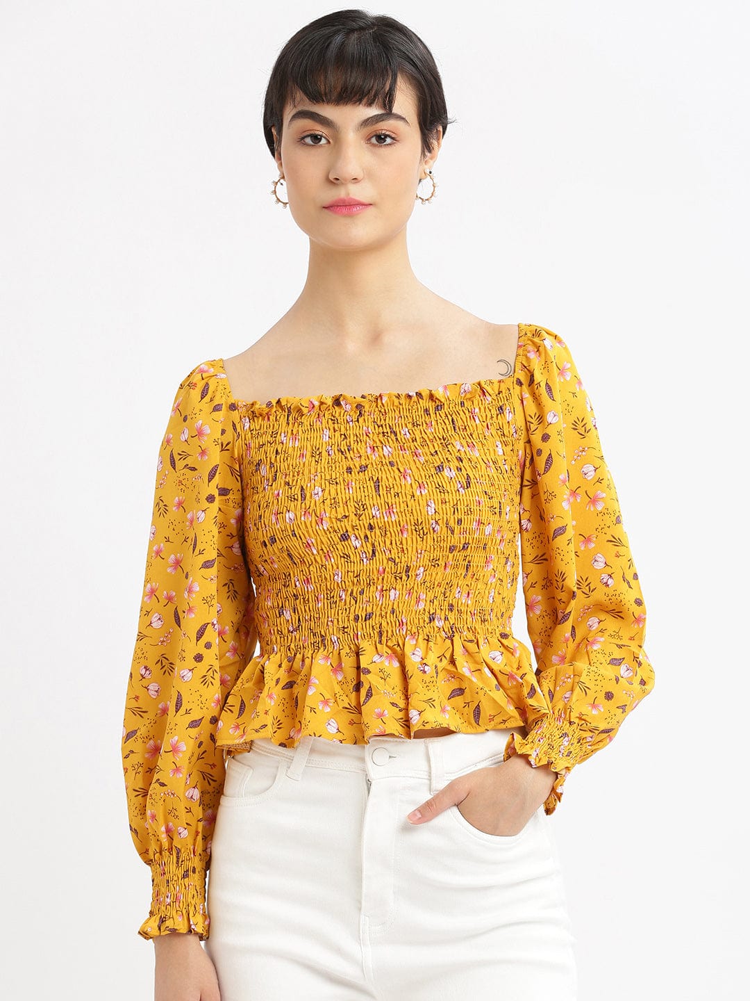 Women's Mustard Floral Solid Square Neck Synthetic Crepe Top