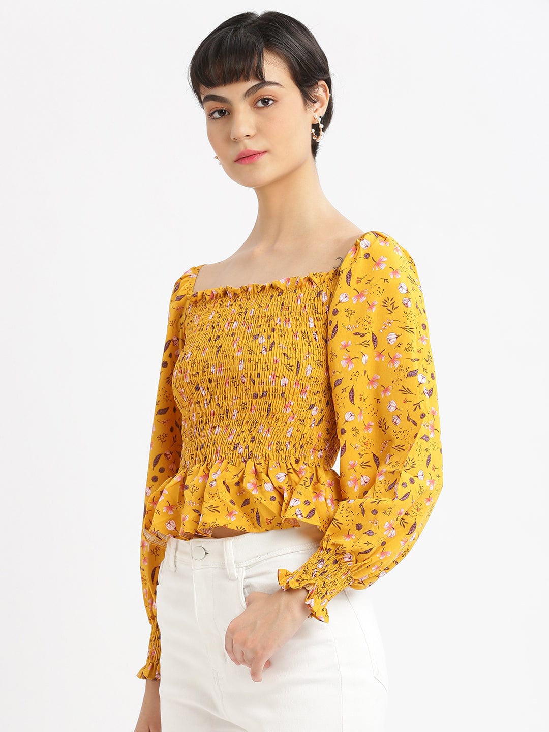 Women's Mustard Floral Solid Square Neck Synthetic Crepe Top