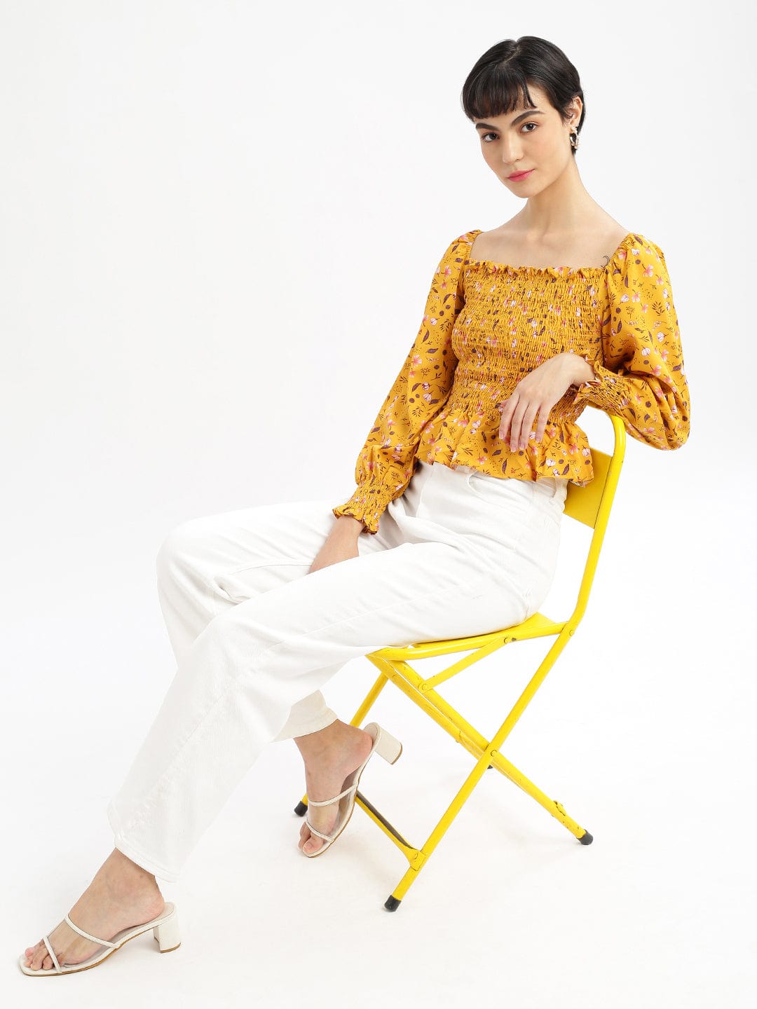 Women's Mustard Floral Solid Square Neck Synthetic Crepe Top