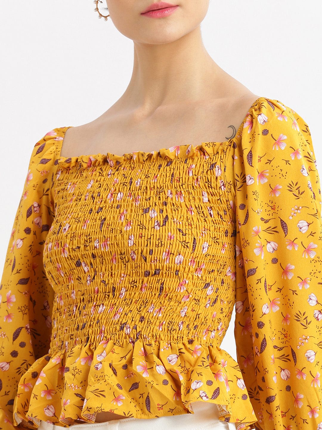 Women's Mustard Floral Solid Square Neck Synthetic Crepe Top